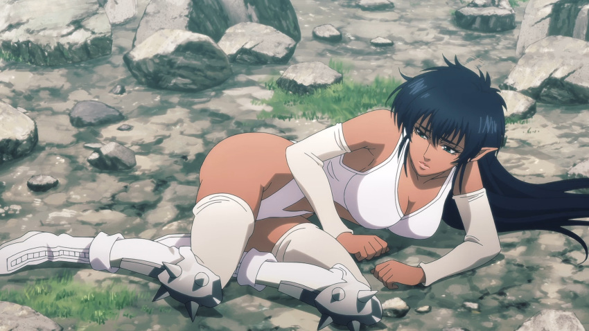 arshes_nei ass bastard!! black_hair breasts cleavage clothing green_eyes large_ass large_breasts long_hair pointy_ears screencap thighhighs thighs