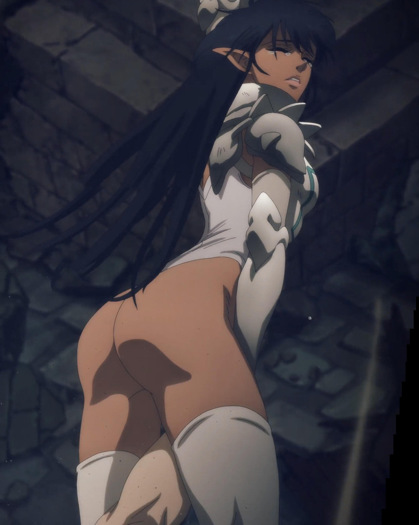 1boy 1girls arshes_nei ass bastard!! black_hair breasts closed_eyes crying dark-skinned_female dark_elf elf female female_only large_ass light-skinned_male long_hair pointy_ears screencap shounen_jump stitched thick_thighs thighhighs thighs