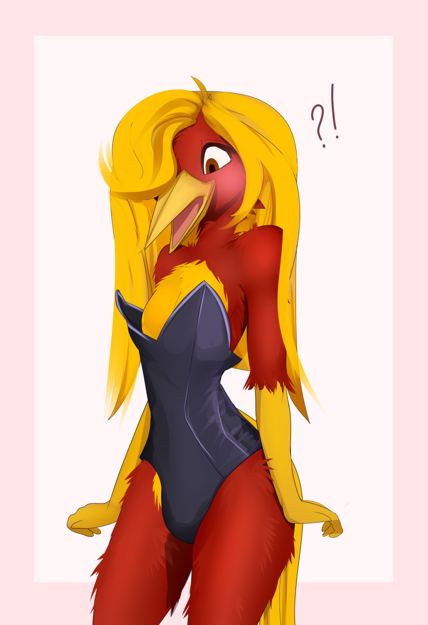 absurd_res anthro avian beak bird catcake5 chrysolophus clothing embarrassed feathers galliform glori_gamebird golden_pheasant hair hi_res leotard long_hair long_tail phasianid red_body red_feathers tail yellow_beak yellow_body yellow_feathers