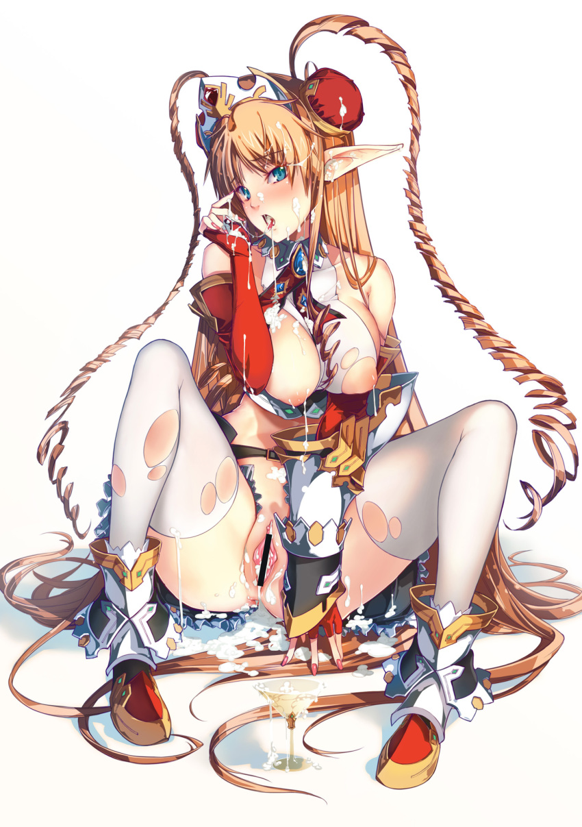 blue_eyes breasts cum cum_on_body cum_on_breasts cum_on_upper_body facial fingerless_gloves gloves highres ky legs neige_hausen pointy_ears sitting super_robot_wars super_robot_wars_og_saga_mugen_no_frontier super_robot_wars_og_saga_mugen_no_frontier_exceed thighhighs torn_clothes torn_thighhighs tsundere