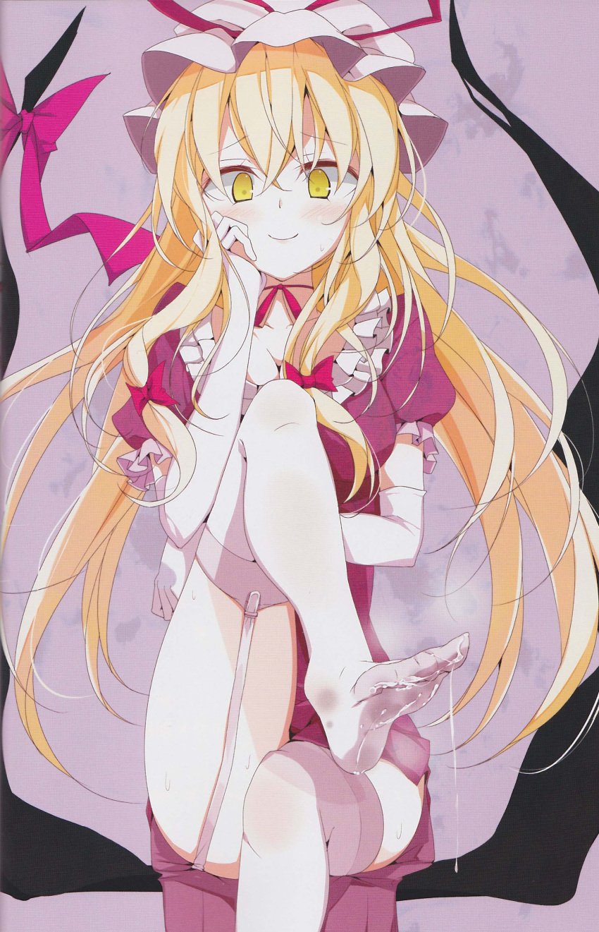 blonde_hair crossed_legs cum cum_on_body cum_on_lower_body feet garter_belt garter_straps gloves hat highres legs long_hair pov_feet ribbon scan scan_artifacts sitting smile thighhighs touhou usotsukiya white_legwear white_thighhighs yellow_eyes yukari_yakumo