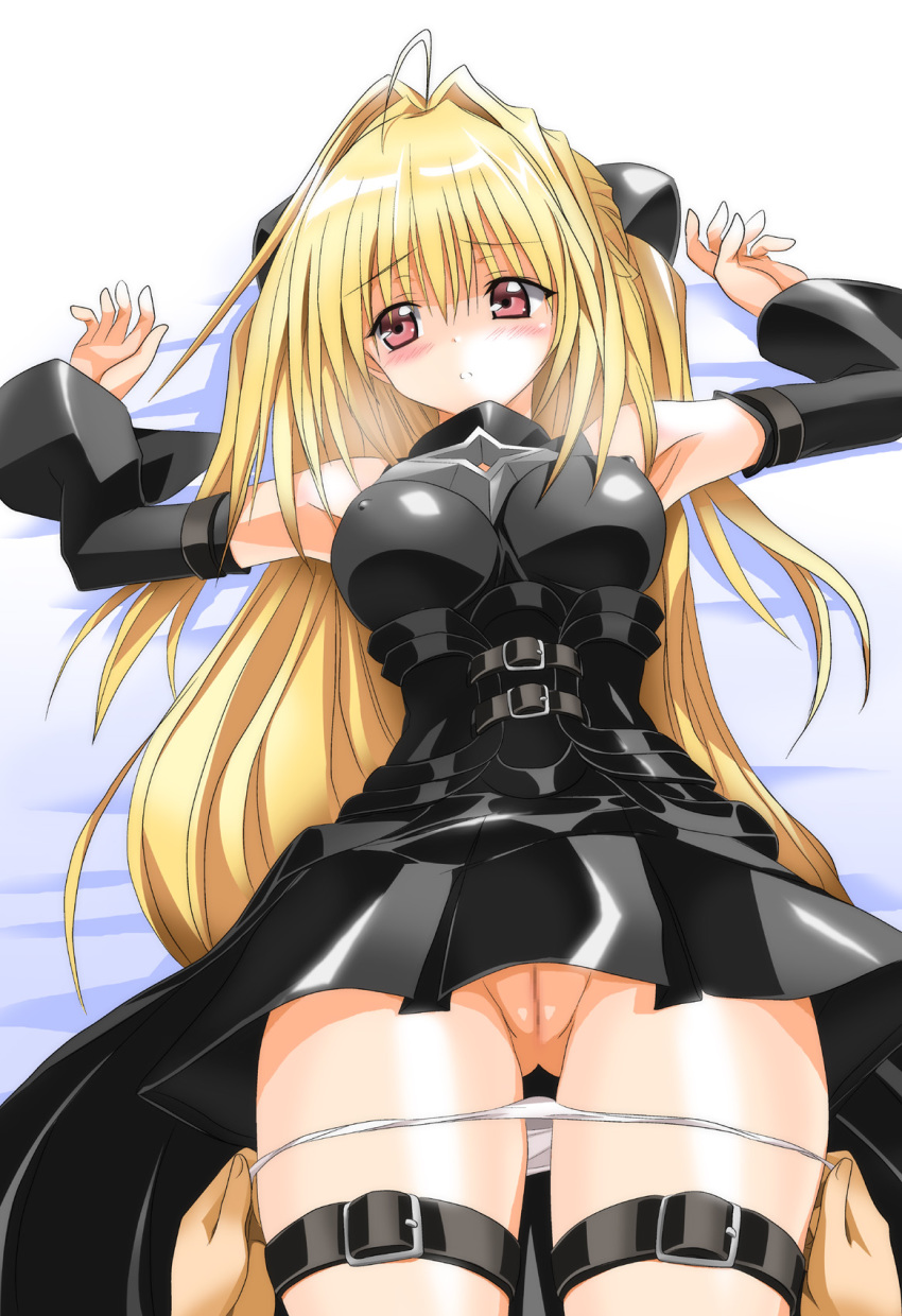 blonde_hair blush censored female golden_darkness highres konjiki_no_yami lying panties panty_pull pussy red_eyes shounen_jump tanaka_hitoriaruki tanatim thigh_strap to_love-ru underwear