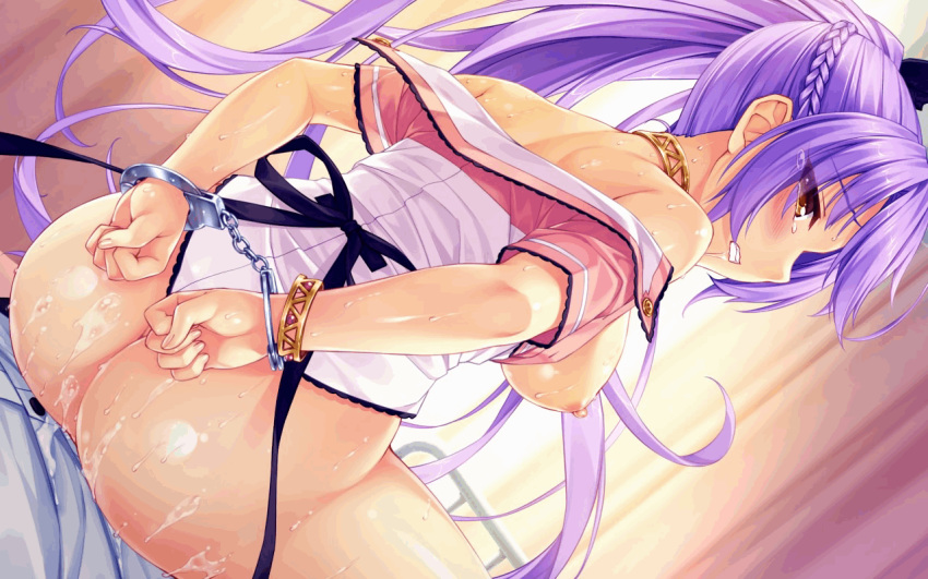 1boy animated aoi_miyabi bare_shoulders blush boku_to_koi_suru_ponkotsu_akuma. bottomless bouncing_breasts bracelet braid breasts choker clenched_teeth cuffs cum cum_on_ass cum_on_body cum_on_lower_body dutch_angle female from_behind game_cg handcuffs jewelry long_hair looking_back nipples off_shoulder penetration penis purple_hair restrained reverse_cowgirl_position sayori sex sideboob smile_(company) solo straddling straight sweat tears teeth tied_hair vaginal_penetration yellow_eyes