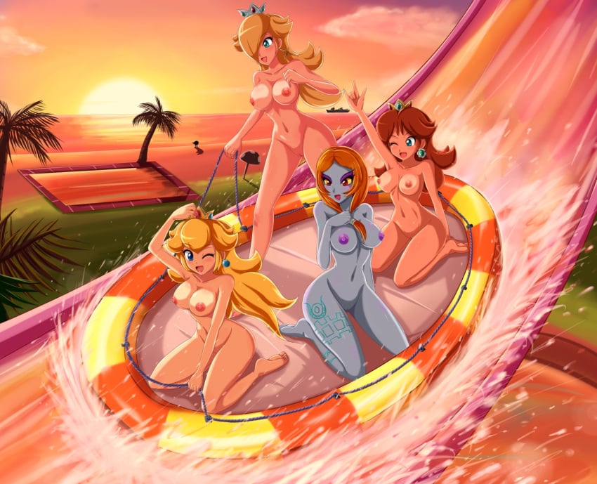 4girls abs aqua_eyes armpits arms_up beach big_breasts blonde_hair blue_eyes blue_skin blush breasts brown_hair completely_nude completely_nude_female crossover crown daisy_cruiser earrings female female_only full_body hair hair_over_one_eyes hairless_pussy happy hourglass_figure human kneeling large_breasts long_hair mario_(series) midna multiple_females multiple_girls naked naked_female navel nintendo nude nude_female princess_daisy princess_peach princess_rosalina raft red_eyes red_hair sexy_armpits sigurdhosenfeld slide smooth_skin sunset super_mario_bros. super_mario_sunshine tattoo the_legend_of_zelda toned twili twili_midna twilight_princess uncensored wariza water water_slide waterpark wink zenra