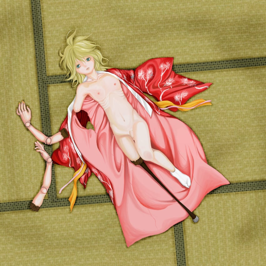 1boy amputee artificial_limb blonde_hair color dismemberment doll_joints femboy gore green_eyes guro highres kagamine_len male male_only nude penis solo tatami vocaloid what