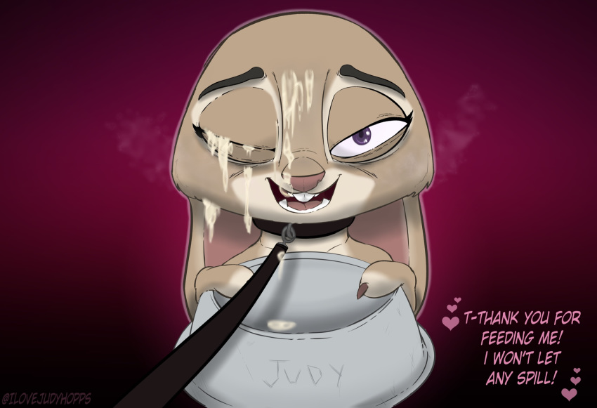 2020 anthro bodily_fluids bondage bowl collar cum cum_on_face dialogue disney english_text female food_bowl fur genital_fluids grey_body grey_fur hi_res holding_object judy_hopps lagomorph leash leporid mammal marthasays open_mouth open_smile purple_background purple_eyes rabbit simple_background smile solo text zootopia