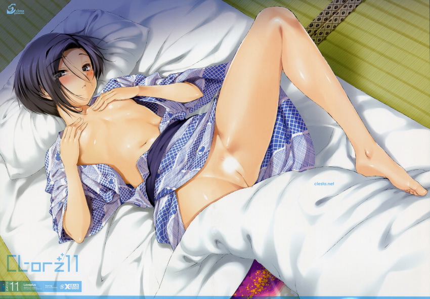 :< barefoot black_eyes black_hair blush bottomless breast_hold censored cle_masahiro covering covering_breasts doujin_cover doujinshi feet female female_only futon hands human japanese_text kobayakawa_rinko legs love_plus open_clothes open_shirt page_11 pettanko short_hair solo spread_legs uncensored vagina wafuku