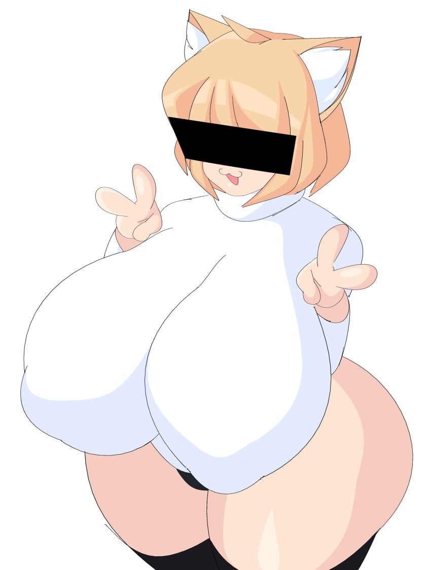 1girls :3 big_breasts blonde_hair blonde_hair_female breasts cat_ears catgirl cytrusawa female female_only huge_breasts melty_blood neco-arc nipple_bulge nipples open_smile peace_sign simple_background solo solo_female sweater sweater_only thick thick_thighs thighhighs thighs voluptuous white_background wide_hips