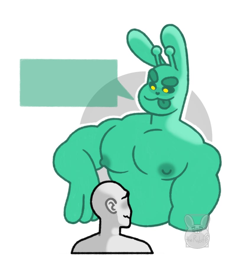 2boys al#3 alien anon antennae anthro areolae bara big_muscles bigger_male blush bunny furry green_body looking_down male male/male male_focus male_only moobs muscular muscular_male nervous nipples pecs rabbit rabbit_ears slime text_box therabit tongue_out translucent_body yellow_eyes