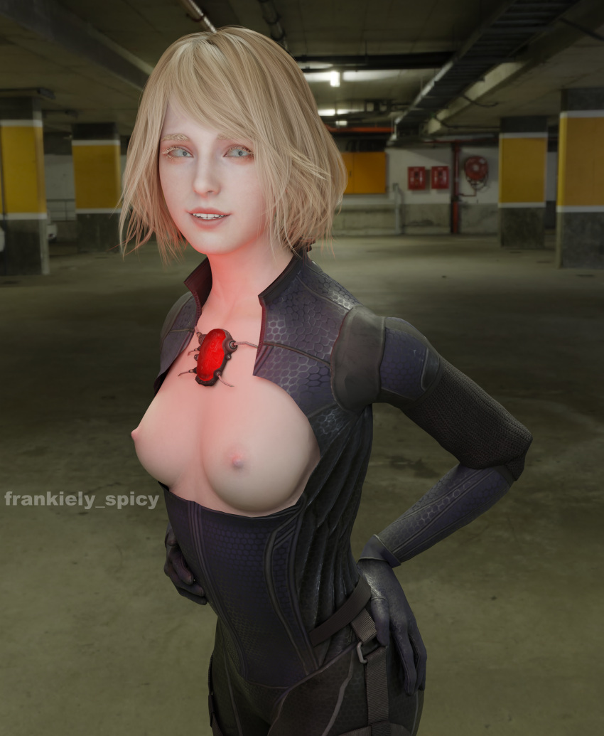 1girls 3d ashley_graham ashley_graham_(ella_freya) blender blonde_female blonde_hair blonde_hair blue_eyes bob_cut breasts breasts breasts_out capcom catsuit female female female_focus female_only frankiely_spicy indoor indoors pale-skinned_female pale_skin pinup resident_evil resident_evil_4 resident_evil_4_remake scarab smile smiling smiling_at_viewer