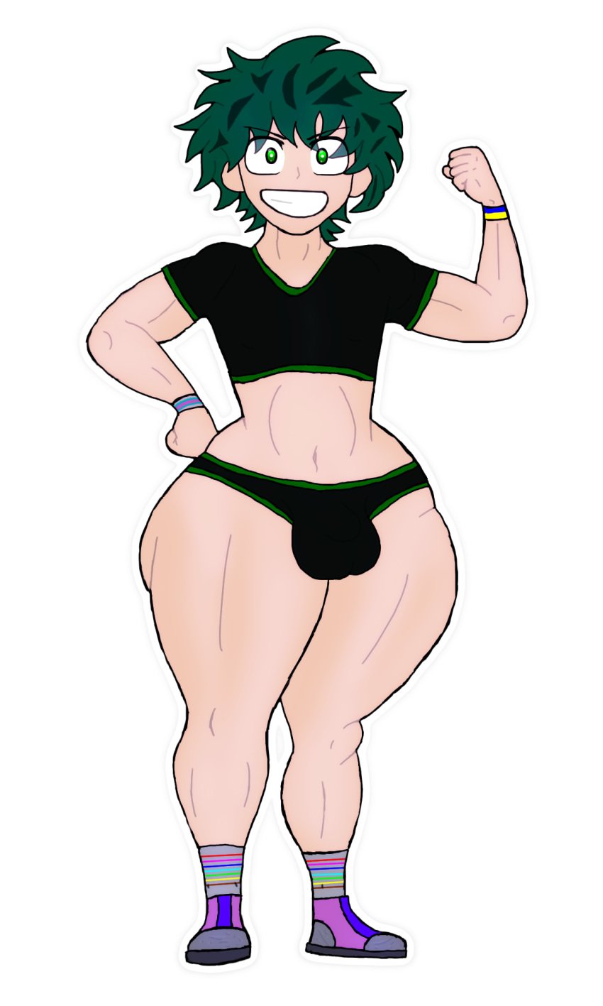 1boy androgynous bulge_through_clothing femboy green_eyes green_hair gym_shirt gym_shorts gym_uniform huge_ass huge_thighs izuku_midoriya john_skull muscular_femboy my_hero_academia pale-skinned_femboy pale_skin pink_sneakers tagme