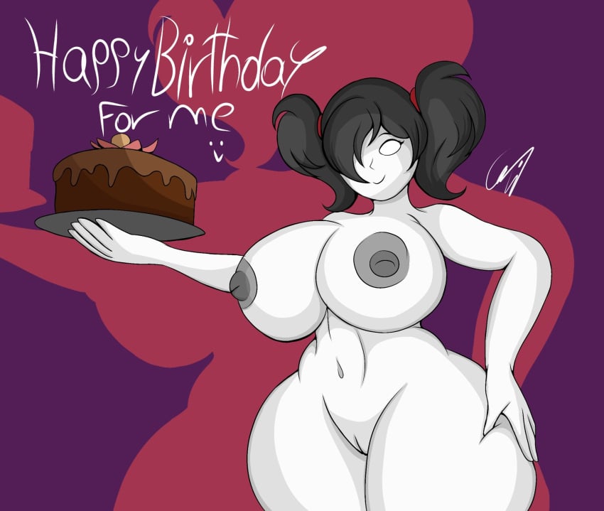 1girls areolae big_breasts black_hair breasts cake charmelarts completely_nude completely_nude_female curvy female female_only food ghost ghost_girl ghost_girl_(slendytubbies) hand_on_hip happy_birthday holding holding_cake hornycharmel naked naked_female nipples nude nude_female pussy slendytubbies slendytubbies_3 smile solo solo_female teletubbies white_eyes