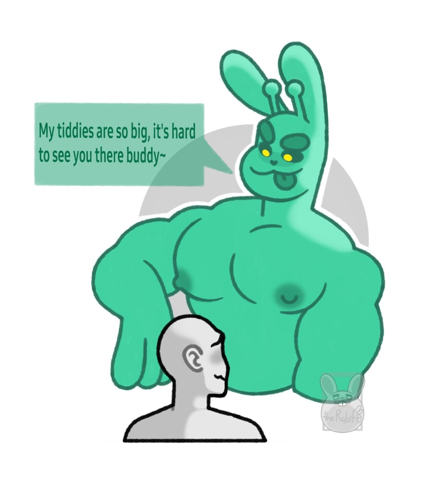 2boys al#3 alien anon antennae anthro areolae bara big_muscles bigger_male blush bunny furry green_body looking_down male male/male male_focus male_only moobs muscular muscular_male nervous nipples pecs rabbit rabbit_ears slime text text_box therabit tongue_out translucent_body yellow_eyes