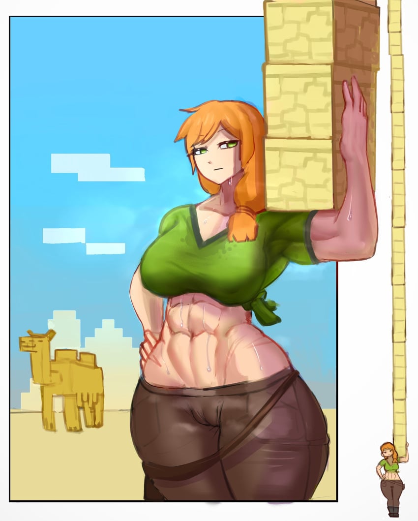 1girls abs alex_(minecraft) brown_pants cameltoe carrying dddoodles dessert ginger ginger_hair green_shirt hand_on_hip minecraft muscles muscular muscular_female orange_hair six_pack solo_female sweat sweat_stain sweatdrop sweaty tagme tight_clothing