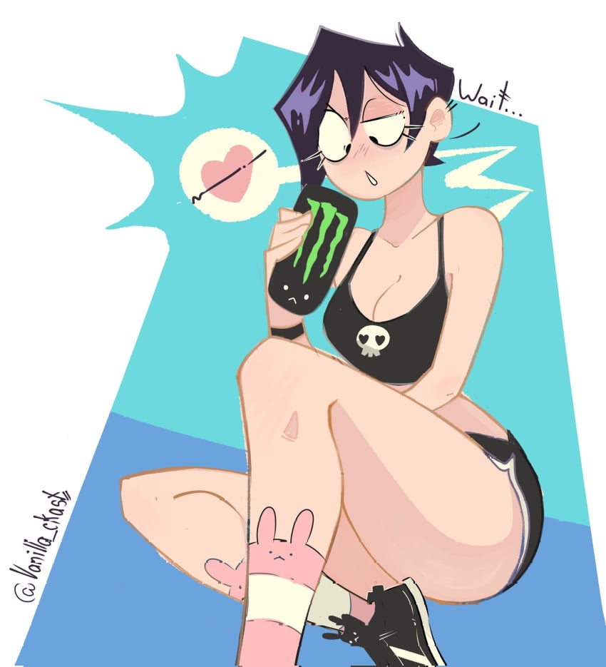 1girls black_clothing black_hair black_outfit booty_shorts bra drinking drunk english_text fanart female female_focus female_only fit_female goth goth_girl heart hearts latina latina_female light-skinned_female light_skin monster_(beverage) monster_can original_character pink_socks purple_hair shoes short_hair shorts simple_background sitting_on_floor socks solo sports_bra sportswear striped_legwear thick thick_ass thick_legs thick_thighs thighs topwear valbun valbun_(oc) vanilla_ckast