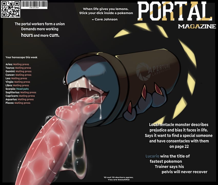 absurd_res ambiguous_gender bodily_fluids bubble compliment cover cum cum_bubble cum_drip dripping duo generation_4_pokemon genital_fluids hi_res human humor jarlium lucario magazine magazine_cover male male/ambiguous mammal nintendo non-euclidean_sex oral penetrable_sex_toy penis_on_tongue pokemon pokemon_(species) portal portal_fleshlight portal_sex quality sex sex_toy text thinking_with_portals