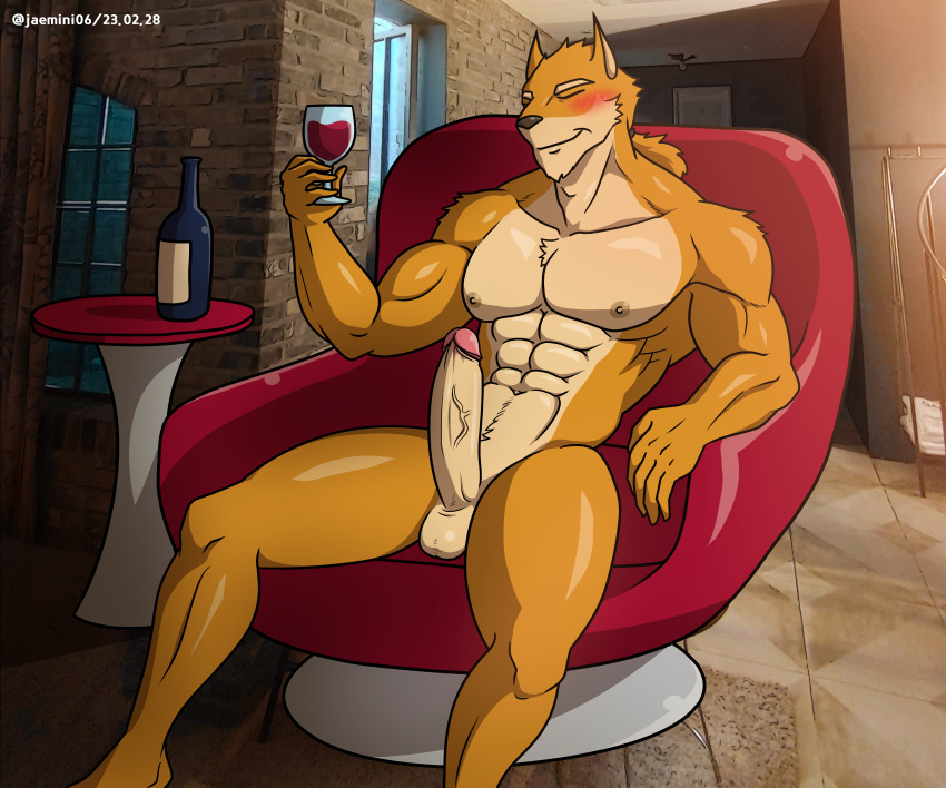 abs absurd_res alkan anthro armchair big_pecs big_penis chair closed_eyes container cup drinking_glass erection felid feline fur furniture genitals glass glass_container glass_cup hi_res lynx male mammal multicolored_body muscular muscular_anthro muscular_male navel nipples nude nude_anthro nude_male orange_body orange_fur pecs penis solo two_tone_body wine_glass