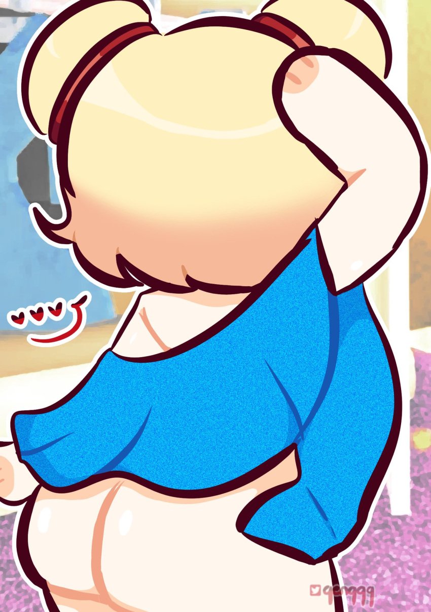 ass blonde_hair dialogue hairbun heart hoodie looking_back naked qenqqq scratching_head