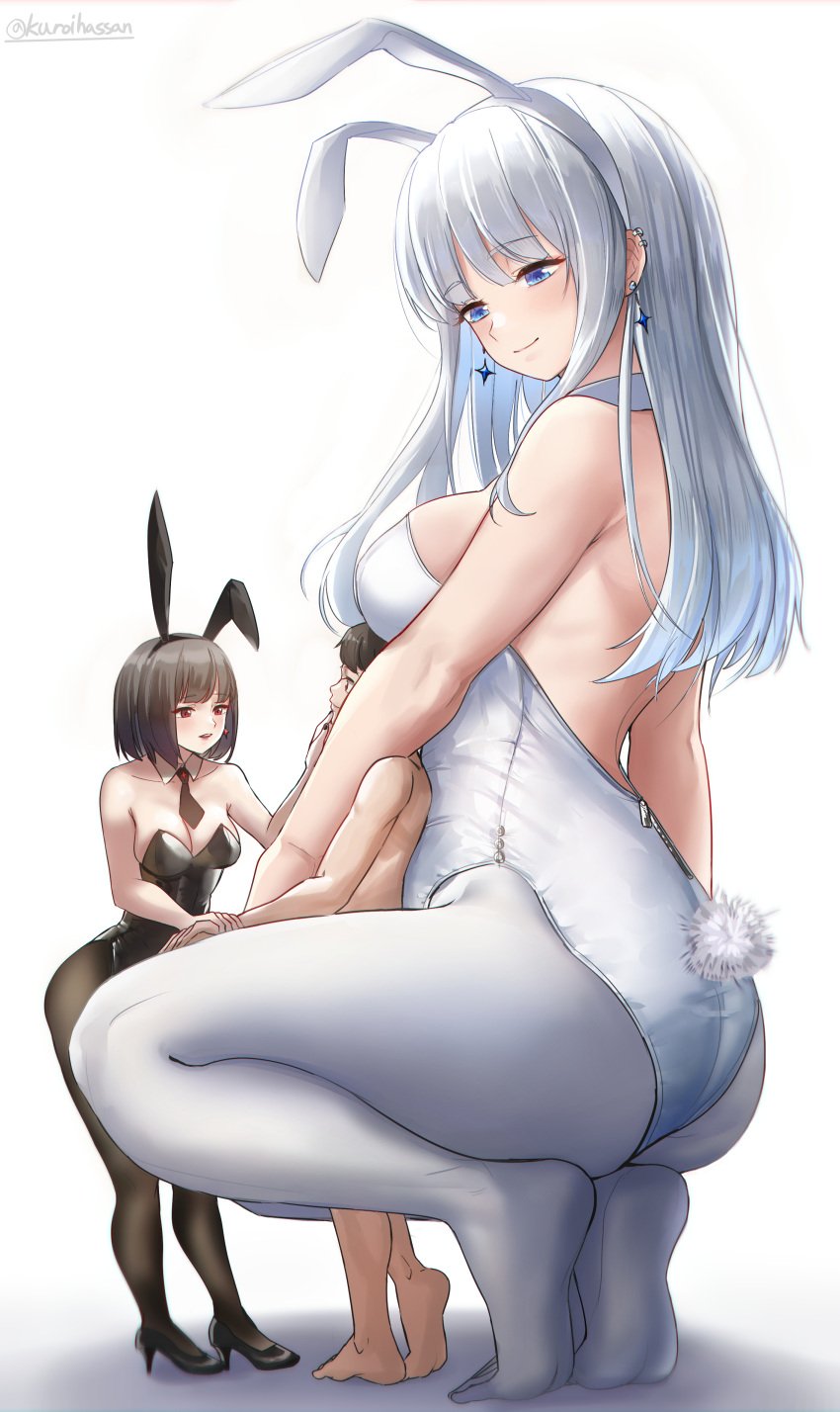 2girls black_pantyhose bunnysuit giantess kuroihassan male mini_giantess pantyhose taller_girl white_pantyhose