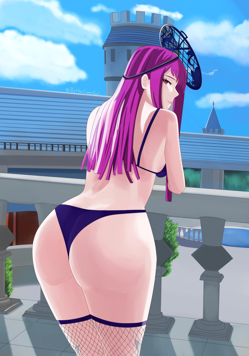 1girls ass back back_view balcony bare_back bare_thighs bettercommsoul blue_panties breasts commission day female female_only fire_emblem fire_emblem_engage fishnet_legwear fishnets ivy_(fire_emblem) large_ass long_hair looking_at_viewer looking_back medium_breasts nintendo outdoors panties pink_eyes pink_hair smile solo thick_thighs thighhighs thighs underwear