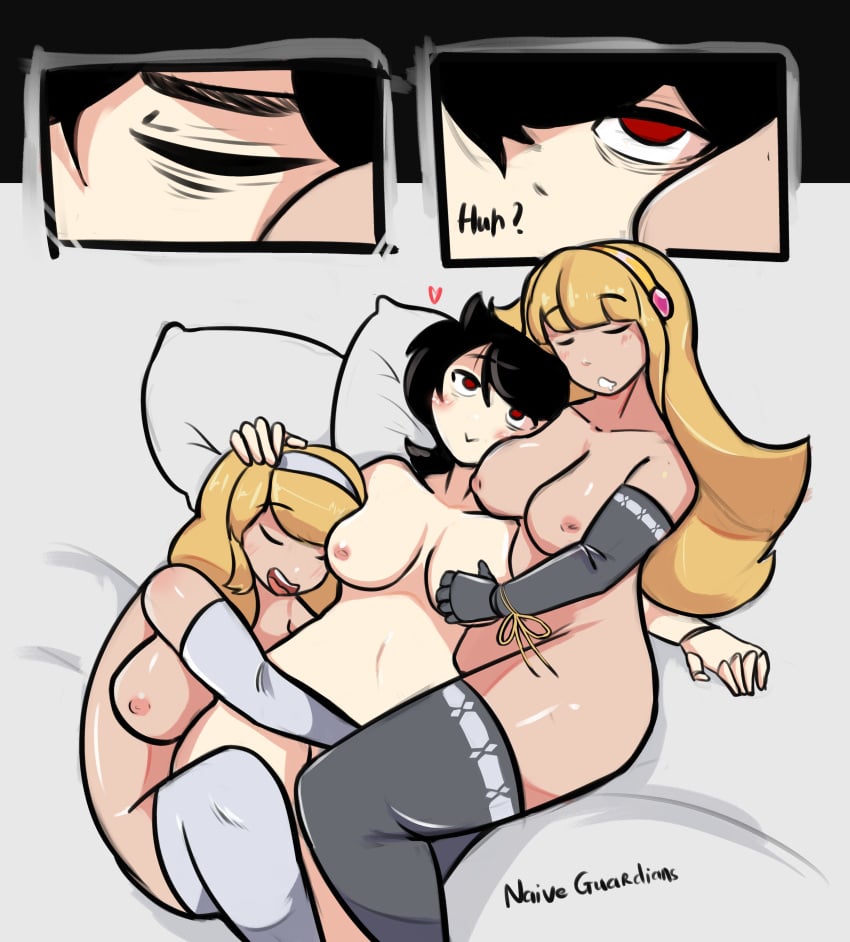 3girls bed big_breasts black_hair blonde_hair blue_guardian_margaret blush breasts cuddle_pile cuddling dialogue elbow_gloves hair_ornament hairband heart hugging margaret_(blue_guardian_margaret) mostly_nude multiple_girls naive_guardians_(artist) naked naked_female nipples nude nude_female on_bed original_character red_eyes sleeping sofi_(naive_guardians) text thick_thighs thighhighs tomboy waking_up wholesome yuri