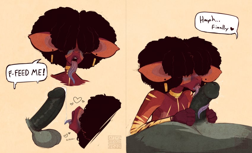 2022 afro anthro areye_(artist) artist_name balls big_ears big_hair big_penis black_penis blue_blush blue_tongue blush bodily_fluids brown_background brown_body brown_fur choker clothed clothing comic cum dialogue disembodied_penis duo ear_piercing ear_ring emanata english_text erection fellatio female fur genital_fluids genitals giraffid goon_(goonie_san) gradient_tongue grey_body grey_fur hair hair_over_eyes hand_on_penis heart hi_res humanoid_genitalia humanoid_penis inviting jewelry licking lips lo-lo_(areye) long_tongue lying male male/female mammal markings necklace nonbinary_(lore) okapi on_back open_mouth oral oral_invitation penile penis penis_lick piercing red_tongue ring_piercing sex simple_background speech_bubble striped_markings stripes teeth text thick_lips tongue tongue_around_penis tongue_out tongue_wrapped_around_penis topless urethra watermark