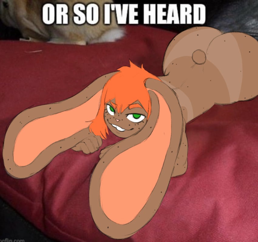 androgynous anthro ass big_butt big_ears buckteeth bunny_ears english_text female freckles green_eyes hair humanoid lagomorph lake_smith laying_on_bed leporid lying mammal markings meme nude rabbit rawhell short_hair solo talking talking_to_viewer tan_markings teeth text wide_hips