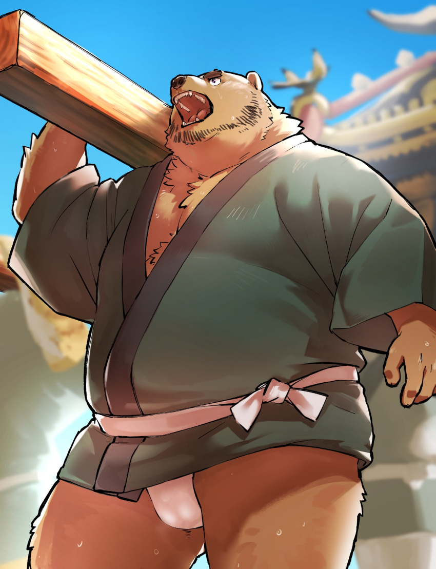 2023 anthro asian_clothing balls_outline bear beard bodily_fluids brown_body brown_fur bulge clothing donabe east_asian_clothing facial_hair fundoshi fur genital_outline group hi_res humanoid_hands japanese_clothing kemono male mammal overweight overweight_male solo_focus sweat underwear white_clothing white_fundoshi white_underwear