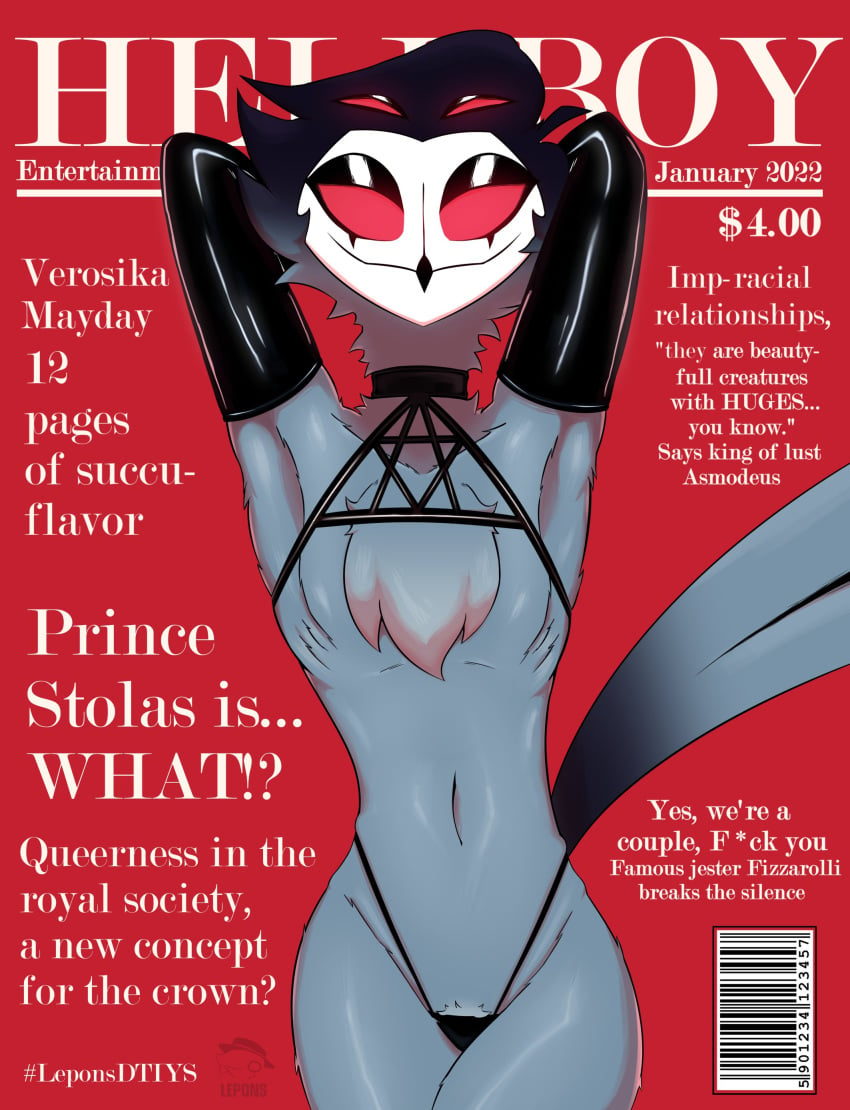 absurd_res anthro english_text femboy girly helluva_boss hi_res leponsart magazine male solo stolas_(helluva_boss) text