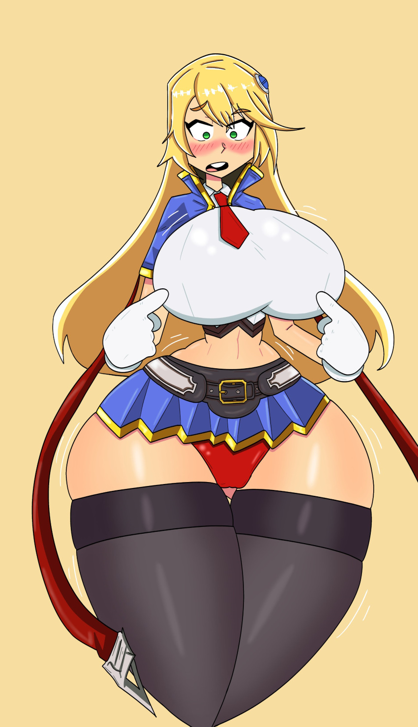 1girls alternate_breast_size blazblue blonde_hair blush curvy female female_only green_eyes hi_res huge_breasts legs long_hair navel noel_vermillion panties red_panties skirt solo surprised thick_thighs thighs voluptuous