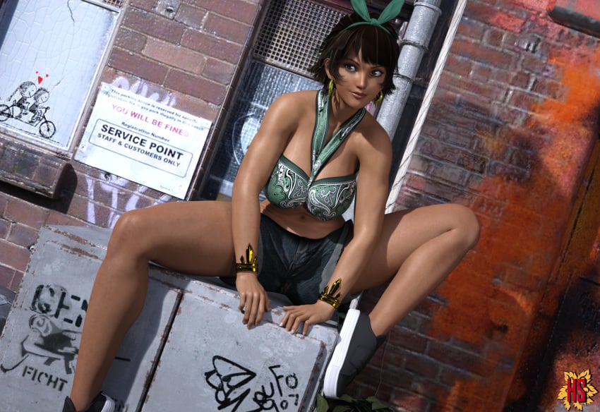 bandai_namco cleavage dark-skinned_female dark_skin hagiwara_studio hairband josie_rizal legs lipstick looking_at_viewer posed posing sitting smile tekken