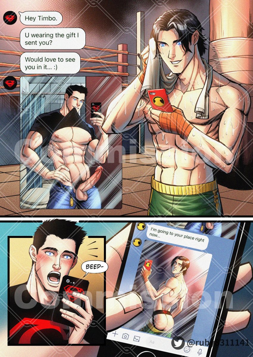 conner_kent dc dc_comics gay kon-el male male/male male_focus male_only part_of_a_set red_robin ruby8311141 sending_lewds sending_nudes sexting superboy superboy_(conner_kent) texting tim_drake timkon watermark youko young_justice