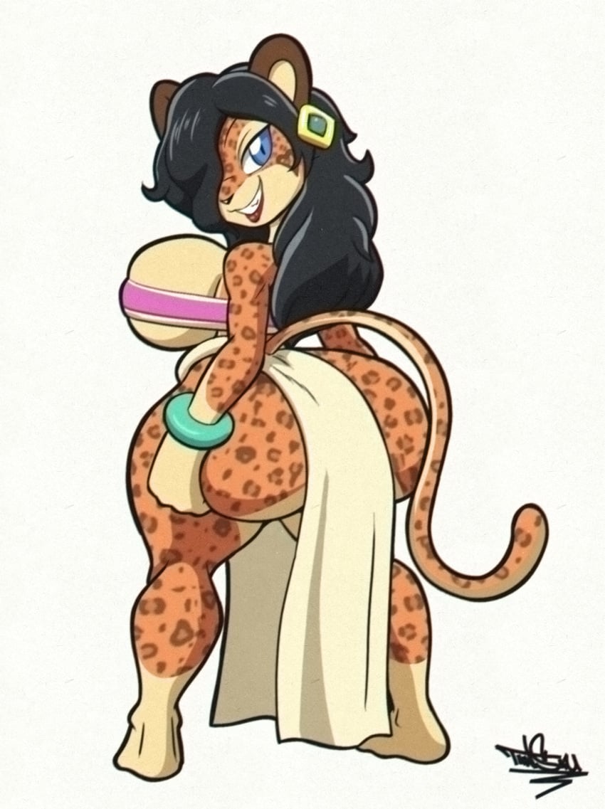 2023 anthro ass big_breasts big_butt black_hair black_pupils blue_eyes bottomwear breasts chel clothing cosplay crop_top dreamworks ear_piercing ear_ring etezlalicoca felid female fur furry gloves_(marking) hair hair_over_eye hi_res huge_breasts huge_butt jaguar leg_markings loincloth looking_at_viewer looking_back mammal markings multicolored_body one_eye_obstructed pantherine piercing pupils ring_piercing shirt smile socks_(marking) solo spots spotted_body tansau the_road_to_el_dorado thick_thighs topwear transformation two_tone_body wide_hips