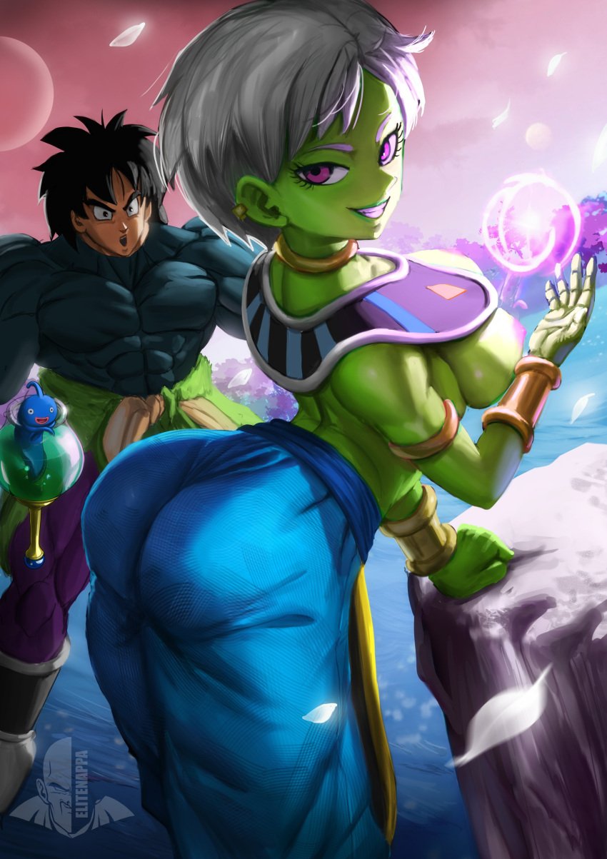 1boy 1girls alien alien_girl ass beerus_(cosplay) big_ass black_hair breasts broly broly_(dragon_ball_super) bubble_butt busty cataclysmic_orb cheelai clothing dat_ass dragon_ball dragon_ball_super elitenappa female fish god_of_destruction goddess_of_destruction green_skin grey_hair hakai_energy large_ass looking_at_viewer male muscular muscular_male nipples no_bra oracle_fish purple_eyes smile thick_ass thick_thighs voluptuous wide_hips