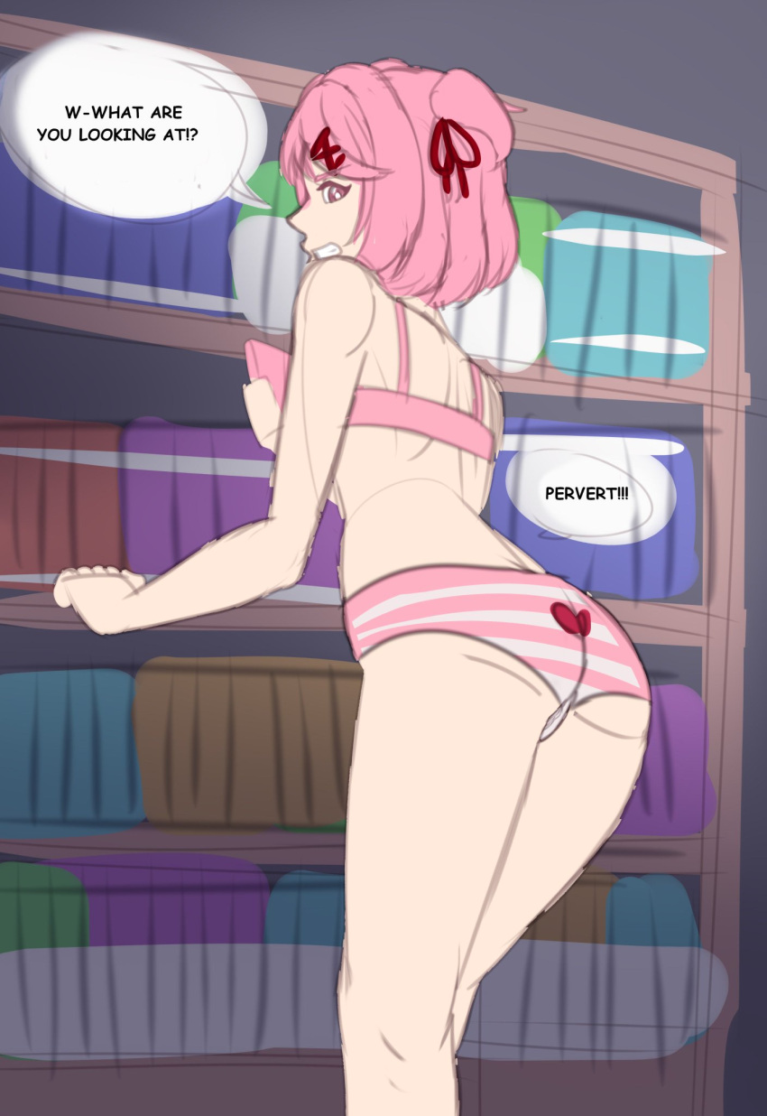 1girls 5_fingers ass back_view behind_view book books bookshelf bra doki_doki_literature_club english_text female heart matching_underwear morbite natsuki_(doki_doki_literature_club) panties pink_bra pink_eyes pink_hair shimapan solo_focus text wip work_in_progress