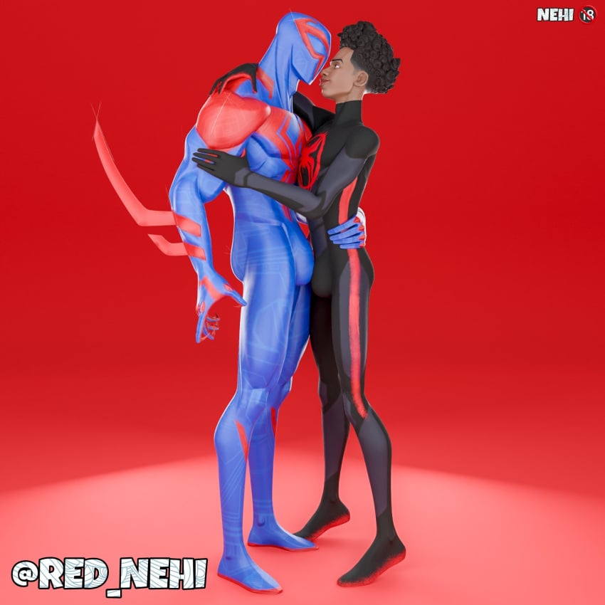 3d dark-skinned_male dark_skin flowerfang gay interracial interracial_sex male male_only marvel melanin miguel_o'hara miles_morales miles_morales_(spider-verse) red_nehi spider-man_(miles_morales) spider-man_2099 teen_boy yaoi