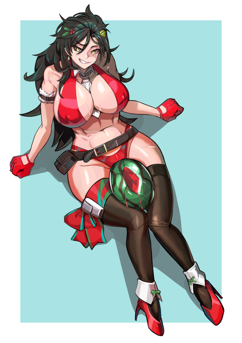 1girls abs belt bikini black_hair cell_(artist) christmas_outfit crushing from_above girls'_frontline gloves grin hair_ornament high_heels large_breasts leg_ribbon light-skinned_female light_skin muscular_female necktie python_(girls'_frontline) red_bikini red_gloves sitting stockings sweatdrop thigh_crush watermelon watermelon_crushing wide_hips