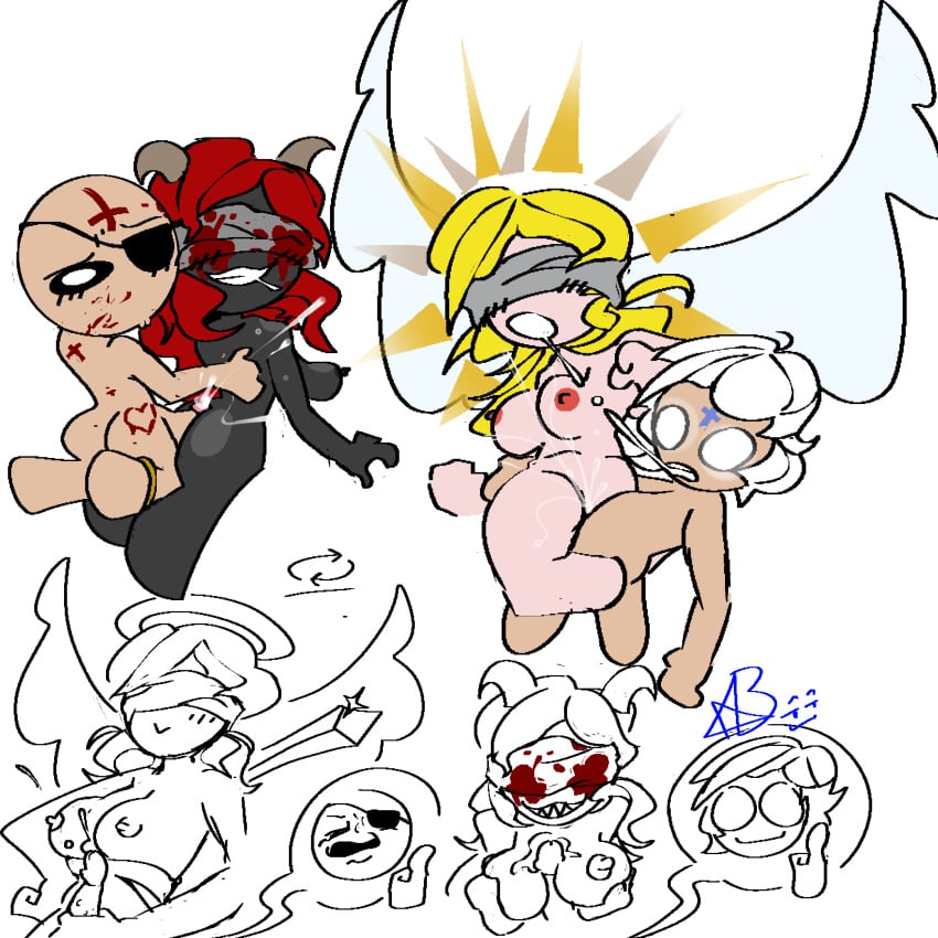 angel_(the_binding_of_isaac) blindfold blonde_hair blood boobjob cain_(the_binding_of_isaac) eden_(the_binding_of_isaac) glitch handjob highres lilith_(the_binding_of_isaac) long_hair paizuri penetration red_hair the_binding_of_isaac