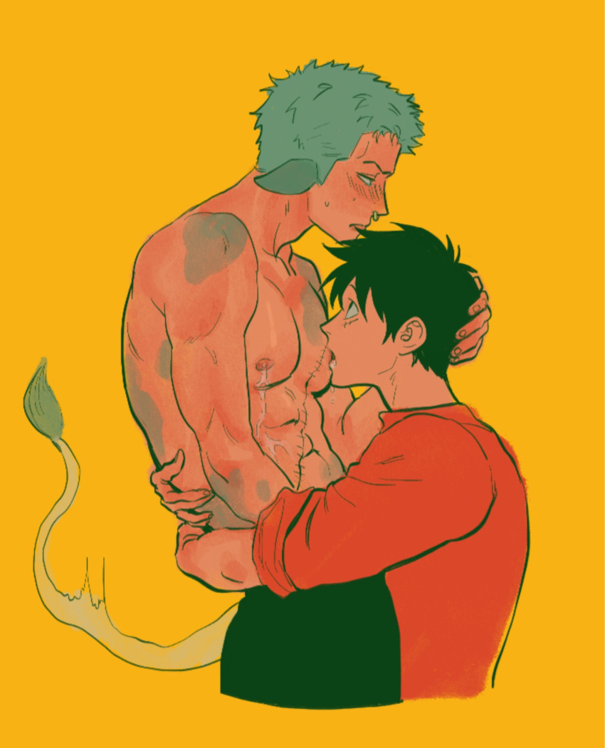 2boys black_hair blush body_markings cow_boy cow_ears cow_tail cowboy embarrassed embrace gay green_hair hand_on_another's_head hug kemonomimi lactation looking_at_another looking_up male male_lactation male_only man_boobs man_tits monkey_d_luffy nok_1 nose_ring one_piece pecs roronoa_zoro scar septum_piercing topless topless_male yaoi yellow_background