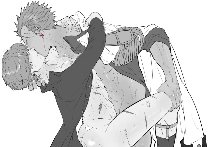 2boys abs arms_around_neck ass bottomless brothers butt_crack donquixote_doflamingo donquixote_rosinante embrace gay implied_anal incest kissing kutakake leg_grab male male_only monochrome naval_uniform one_piece open_clothes open_jacket open_shirt profile scars siblings sock_garters sweat uniform wearing_others_clothes yaoi