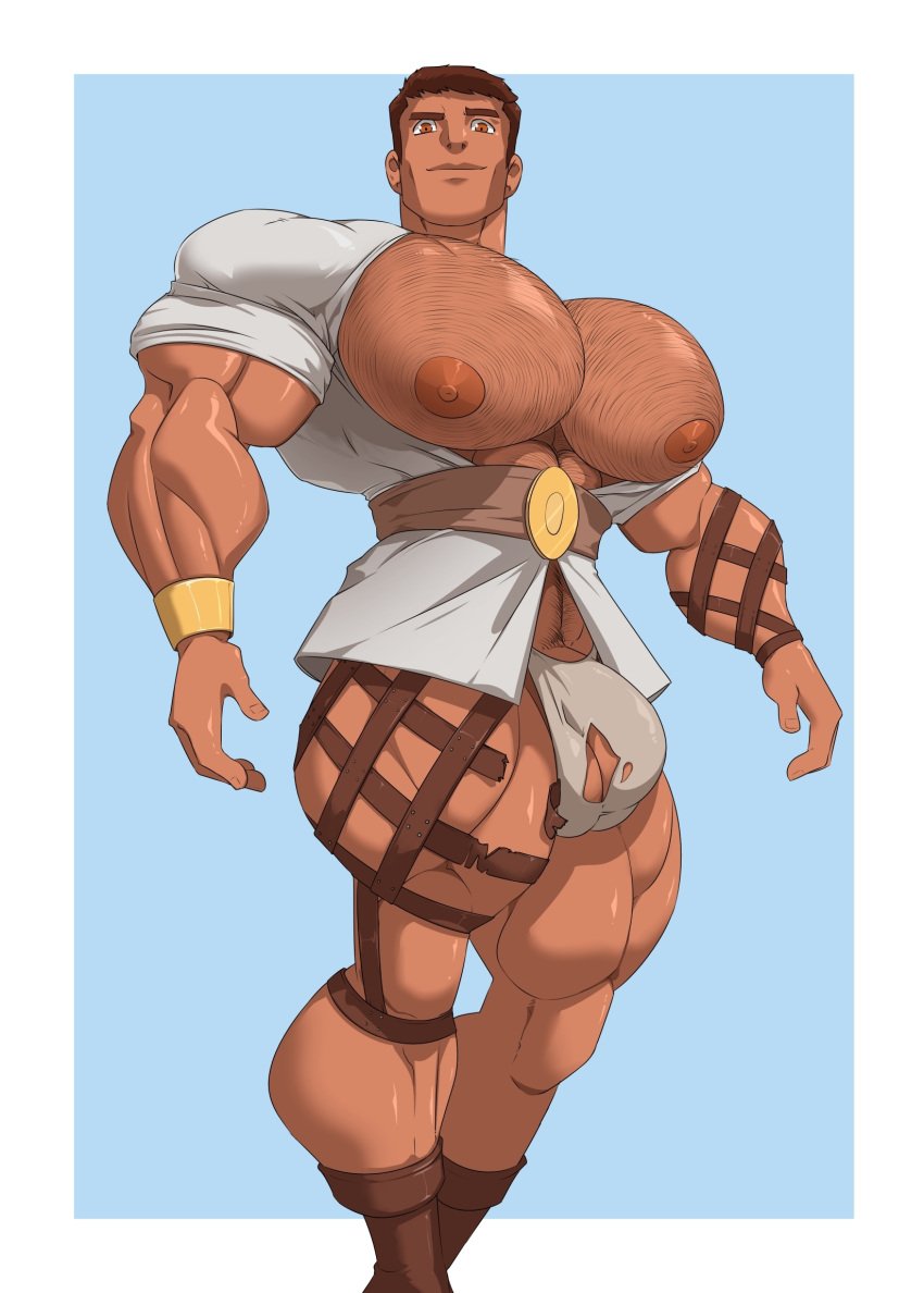 1boy big_bulge big_chest big_pecs big_thighs brown_eyes brown_hair bulge bursting_clothes bursting_underwear commission commissioner_upload gold_bracelet greek_clothes hairy_chest huge_chest huge_pecs kartos male_only muscle muscles muscular muscular_male pecs solo_male thick_thighs