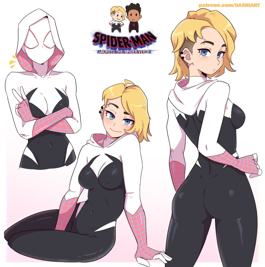 1girls blonde_female blonde_hair blonde_hair_female bodysuit breasts chibi clothed clothed_female clothing crossed_arms cute dashi_art ear_piercing earrings eyebrow_piercing female female_focus full_body fully_clothed gwen_stacy gwen_stacy_(spider-verse) happy hood hoodie logo male marvel marvel_comics mask masked masked_female miles_morales multiple_views patreon piercing piercings plain_background pose presenting presenting_hindquarters rear_view side_view sidecut signature sitting smile smiling spider-gwen spider-man:_across_the_spider-verse spider-man:_into_the_spider-verse spider-man_(series) undercut upper_body url white_background white_clothing yellow_hair