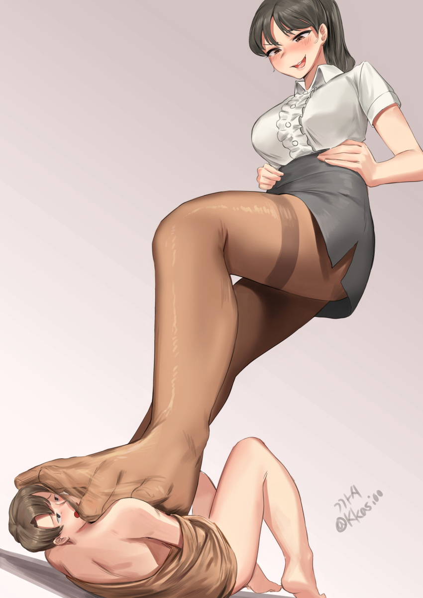 1boy 1girls 2d 2d_artwork black_hair brown_pantyhose dominant_female feet femdom giantess kkasi00 larger_female macro male mini_giantess office_lady pantyhose pantyhose_feet pencil_skirt size_difference smaller_male stocking_feet tied_up