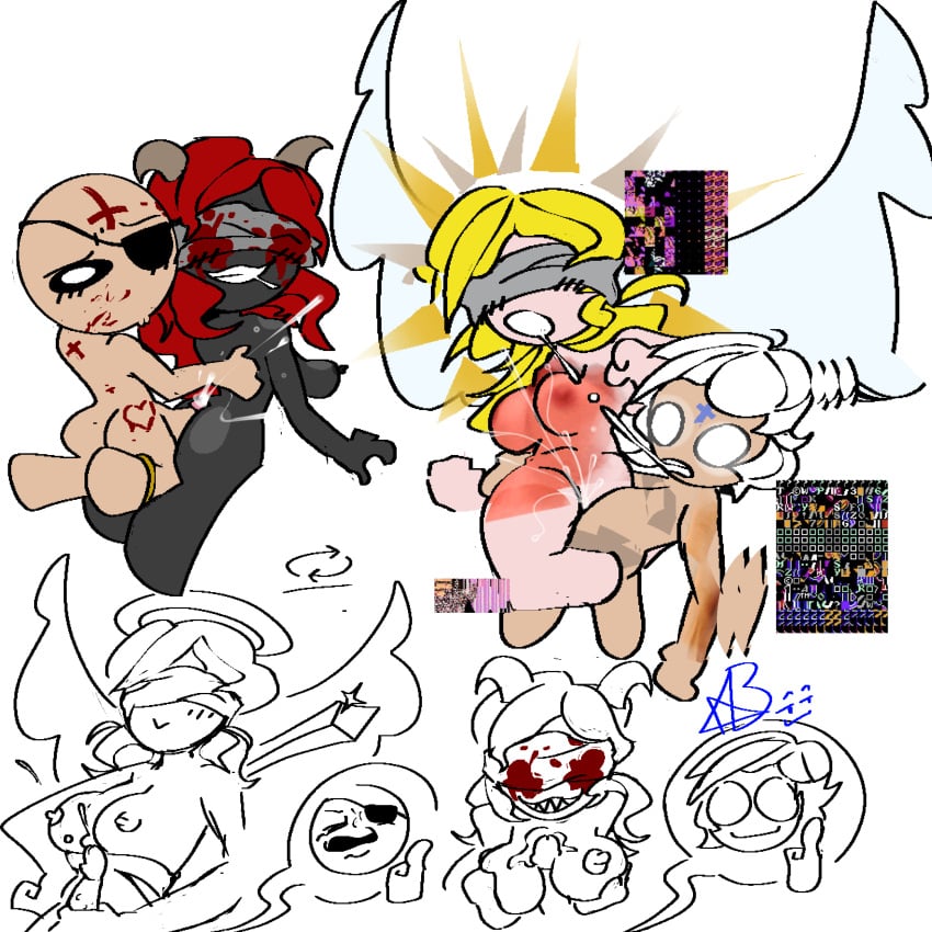 angel_(the_binding_of_isaac) blindfold blonde_hair blood boobjob cain_(the_binding_of_isaac) eden_(the_binding_of_isaac) glitch handjob highres lilith_(the_binding_of_isaac) long_hair paizuri penetration red_hair tagme tainted_eden_(the_binding_of_isaac) the_binding_of_isaac