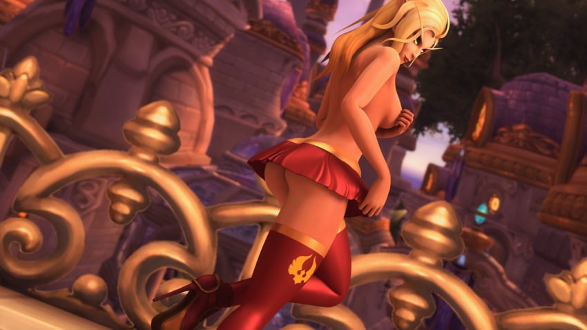 1girls 3d blizzard_entertainment blonde_hair blood_elf covering_breasts green_eyes high_heels khalysz light-skinned_female light_skin melisandra miniskirt original_character platform_heels silvermoon_symbol smooth_skin solo stockings warcraft world_of_warcraft