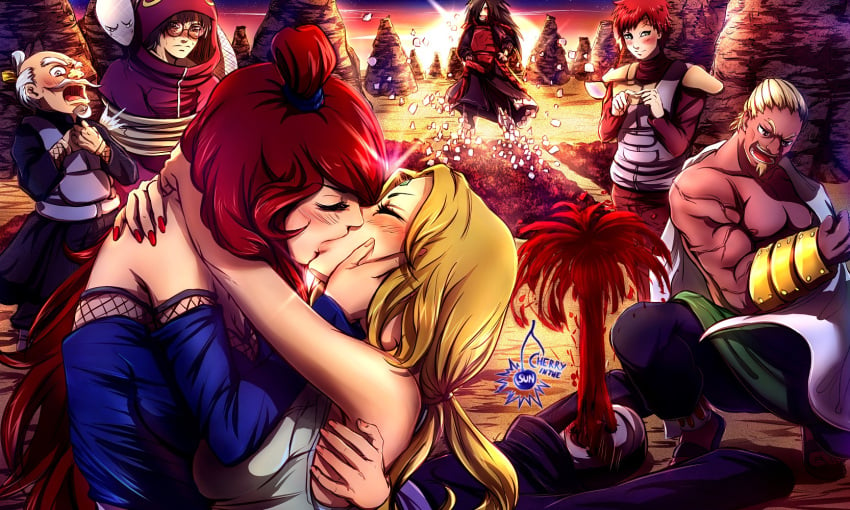 2girls 6+boys blonde_hair blood blush breasts brown_hair cherryinthesun cloak closed_eyes dark_skin edo_tensei facial_mark flexing forehead_mark gaara green_eyes highres kissing large_breasts long_hair mei_terumi multiple_boys multiple_girls muscular nail_polish naruto naruto_(series) naruto_shippuden nose_geyser nosebleed oonoki open_mouth raikage red_hair red_nails snake terumi_mei tobi tsunade uchiha_madara uchiha_obito yakushi_kabuto yuri yuri_with_male_audience