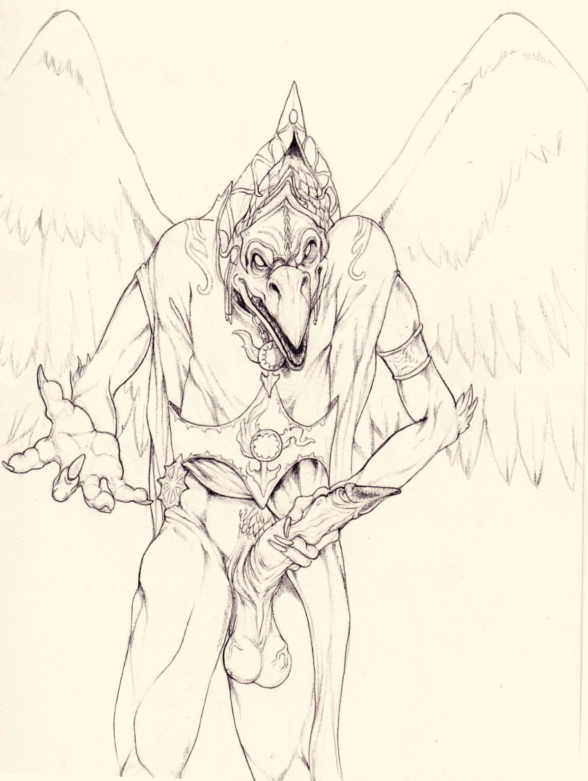 absurd_res anthro avian balls beak bird chaos_(warhammer) chaos_daemon daemon_prince demon feathered_wings feathers genitals hi_res holding_penis looking_at_viewer lord_of_change male monochrome penis robe_lift solo tzeentch vein veiny_balls warhammer_(franchise) wings