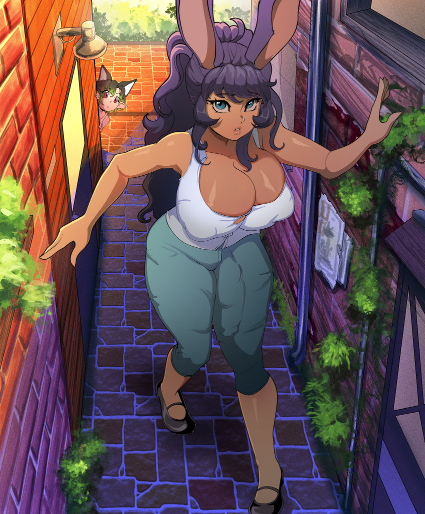 1futa 1girls 2023 5_fingers absurd_res alley animal_ears animal_humanoid back_alley bangs bare_shoulders being_watched beryl_(ignitedyam) big_breasts big_bulge big_ears big_eyes big_hair black_clothing black_footwear black_hair black_shoes blue_bottomwear blue_clothing blue_eyes blue_pants bottomwear breasts brick brick_floor brick_wall bulge bulging_breasts bunny_ears bunny_girl capri_pants cat_ears cat_girl cat_humanoid cleavage clothed clothing collarbone confusing_perspective curious cute dark-skinned_futanari dark_body dark_green_hair dark_skin day detailed_background duo eye_through_hair eyebrow_through_hair eyebrows eyelashes eyelashes_through_hair felid felid_humanoid feline feline_humanoid female final_fantasy final_fantasy_xiv fingers footwear fully_clothed fur futa_focus futanari genital_outline glistening glistening_body glistening_skin grass green_body green_ears green_fur green_hair gynomorph hair hi_res high-angle_view huge_breasts huge_cock humanoid humanoid_hands humanoid_pointy_ears imprint intersex kemonomimi lagomorph lagomorph_humanoid large_penis leporid_humanoid long_ears long_hair looking_at_another looking_at_viewer looking_up mammal mammal_humanoid multi_ear multicolored_hair nipple_outline original original_character outside pants parted_lips peeping penis penis_outline penis_shaped_bulge pigeon-toed plant public purple_body purple_ears purple_fur purple_hair rabbit_ears rabbit_girl rabbit_humanoid red_eyes seductive_eyes shirt short_hair shrub shybred smaller_female solo_focus square_enix standing tall_female tight_clothing topwear translucent translucent_hair viera walking wall_(structure) wavy_hair white_clothing white_shirt white_topwear