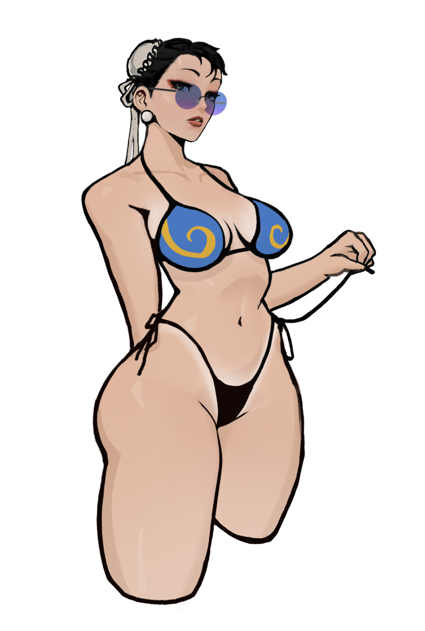 1girls bikini black_hair blue-tinted_eyewear chun-li earrings female female_only fully_clothed looking_at_viewer peterchai58 revealing_clothes smooth_skin solo street_fighter sunglasses swimsuit tan_lines tinted_eyewear white_background