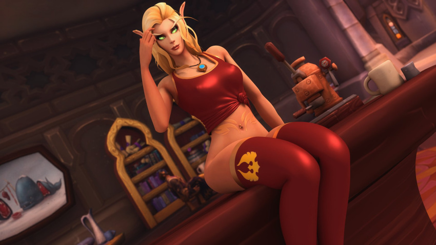 1girls 3d blizzard_entertainment blonde_hair blood_elf green_eyes high_heels khalysz light-skinned_female light_skin melisandra original_character silvermoon_symbol smooth_skin solo stockings tattoo warcraft world_of_warcraft